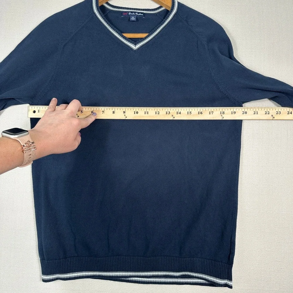Brooks Brothers Sweater Mens XL Navy Blue V-Neck Cotton Tipped Trim Pullover
